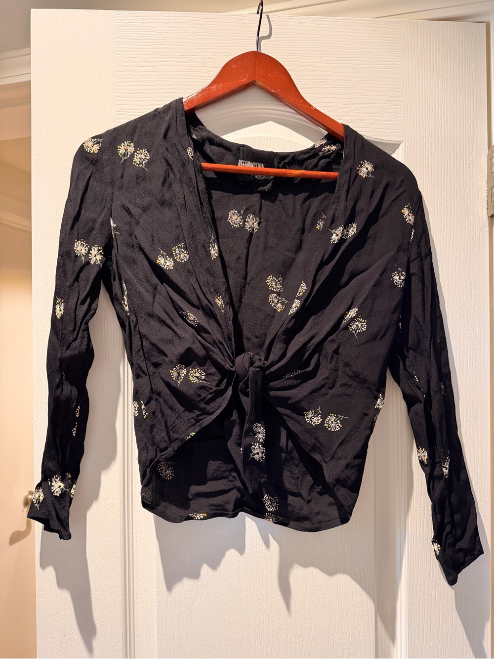 Reformation Black Floral Tie-Front Blouse with Gold Accent